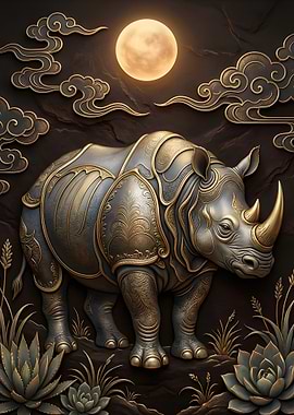 Ornate Rhinoceros Under a Full Moon