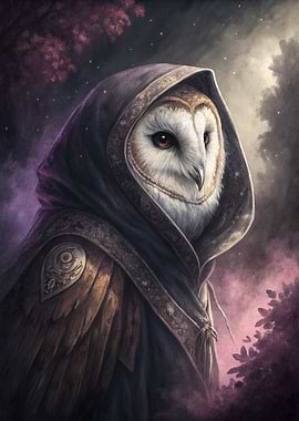 Mysterious hooded owl wizard