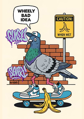 Skateboarding Pigeon with Banana Peel