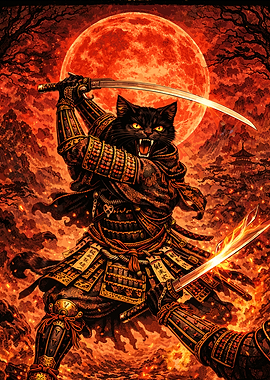 Samurai Cat Warrior Under Red Moon