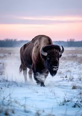 Bison walking in the snow