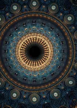 Intricate Golden and Blue Fractal Mandala