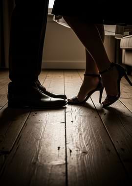 Couple's Feet on Wooden Floor