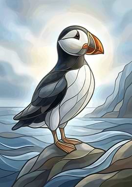 Modern Puffin Stained Glass Coastal Bird Geometric Nature Art