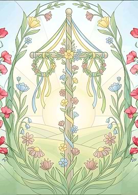 Modern Midsummer Midsommar Maypole Stained Glass Scandinavian Floral Art