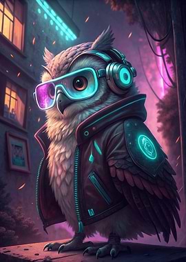 Cyberpunk Owl with Headphones and Goggles