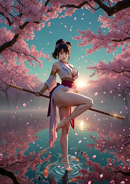 Samurai Woman in Cherry Blossom Garden