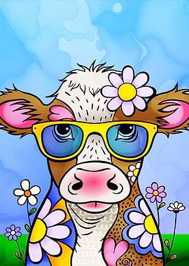 Dairy Cow with Flowers and Sunglasses