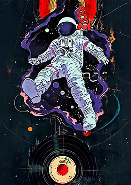 Astronaut Floating in Space with Vinyl Records