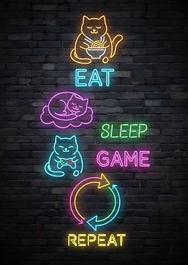 Neon Cat Eat Sleep Game Repeat