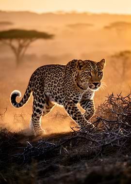 Leopard walking at sunset