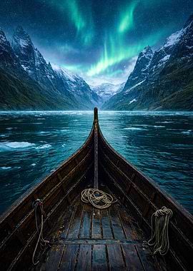 Viking Boat Under Aurora Borealis