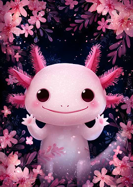 Cute Axolotl Surrounded by Pink Flowers