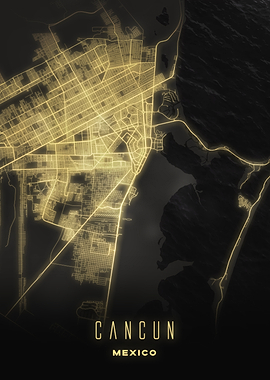 Cancun, Mexico - Illuminated Night City Streets Map, Wall Art Poster