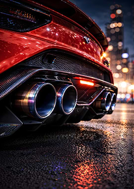 Red Sports Car Exhaust System at Night