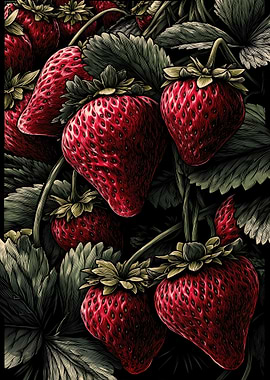 Close-up of Ripe Strawberries and Leaves