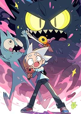 Anime characters fighting a monster