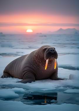 Walrus at sunset on ice