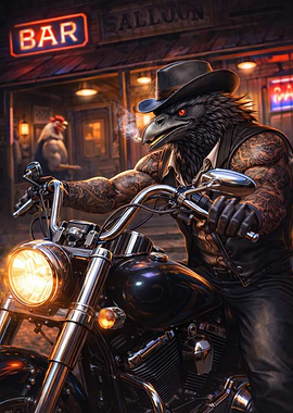 Tattooed Crow Biker at Saloon