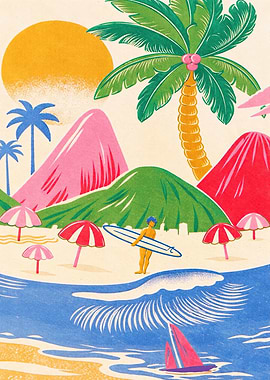 Tropical Beach with Surfer and Sailboat