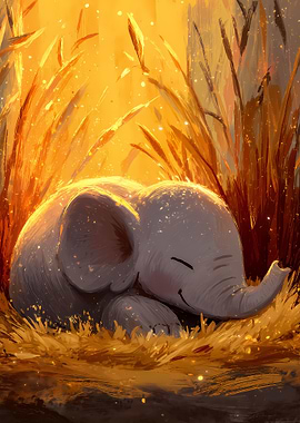 Sleeping Baby Elephant in Golden Grass