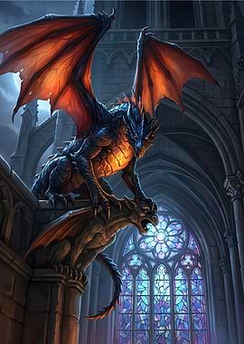 Dragon perched on gargoyle in cathedral