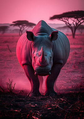 Rhinoceros in Pink Savannah Sunset