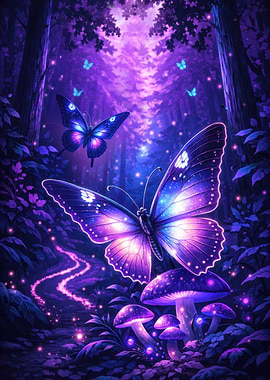 Enchanted Forest with Glowing Butterflies