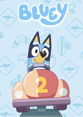 Bluey in a race car