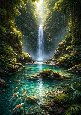 Tranquil Waterfall with Koi Pond