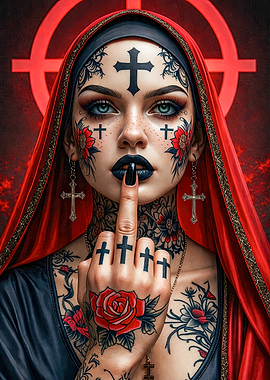 Gothic Nun with Tattoos and Crosses