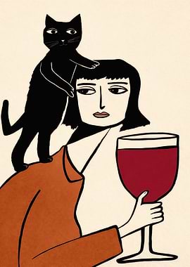 Woman with Black Cat and Wine