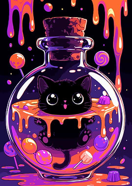 Cute Black Cat in a Potion Bottle