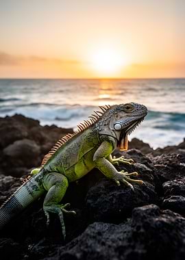 Green Iguana at Sunset by the Ocean