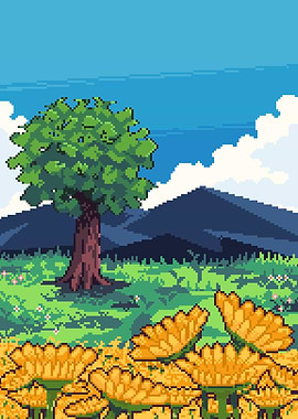 Pixel Art Meadow with Tree and Flowers