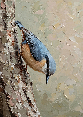 Nuthatch on a Textured Tree Trunk