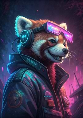 Cyberpunk Red Panda with Headphones