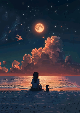 Girl and cat watching moonlit ocean