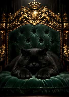 Chubby Black Cat Sleeping on Emerald Royal Throne