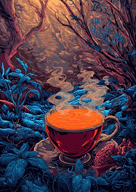 Steaming Cup of Tea in a Mystical Forest
