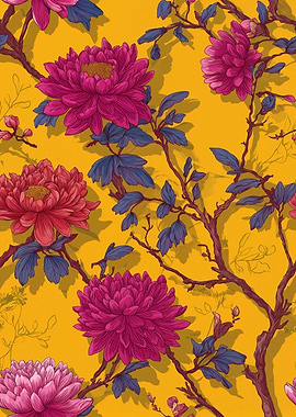 Vibrant Floral Pattern on Yellow Background