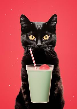 Black Cat Drinking a Green Milkshake