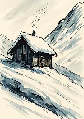 Snowy Cabin in the Mountains