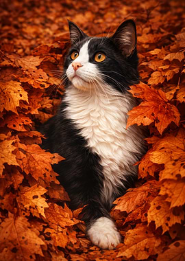 Black and White Cat in Autumn Leaves