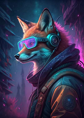 Cyberpunk Fox with Headphones and Goggles