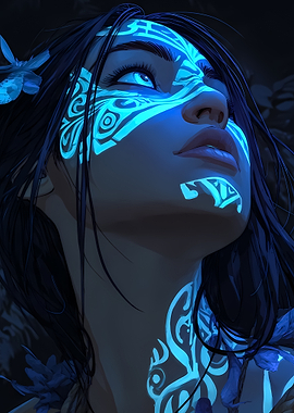 Woman with glowing blue tribal markings