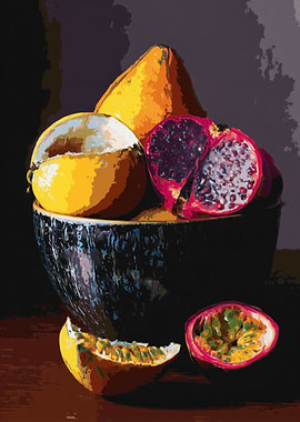 Still life of exotic fruits in a bowl