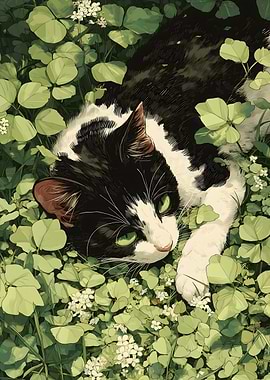 Tuxedo Cat in Clover Field