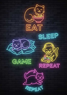Funny Neon Sign Gaming Cat Routine