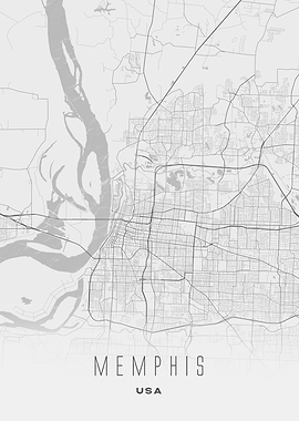 Memphis, Tennessee - Minimal White City Streets Map, USA Wall Art